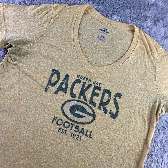 Majestic Tops - Green Bay Packers Shirt Women Extra Large Yellow Vneck Short Sleeve NFL Football